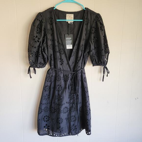 Chaser Cassia Black Eyelet Mini Wrap Dress - Picture 2 of 5